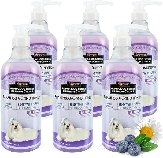 Alpha Dog Series Bright White Shampoo and Conditioner Set with Aloe Vera pH Balanced Dog Grooming Shampoo and Conditioner for Dogs, Tear-Free Moisturizing Dog Shampoo, 26.4 Oz (Pack of 6)