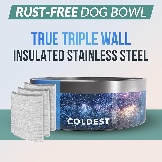 Coldest Dog Bowl - Anti Rust Metal & Non Slip Dog Bowls Large, Spill Proof Heavy Duty 3 Layers Insulated Dog Bowl - Food and Water Bowl for Dogs, Cats & Pets, Dishwasher Safe (64 oz, Into The Beyond)