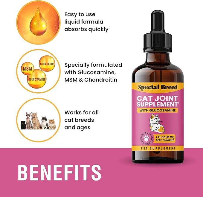 Cat Joint Supplement, Liquid Glucosamine with Chondroitin for Cats, Feline Hip and Joint Pain Relief, 2 oz