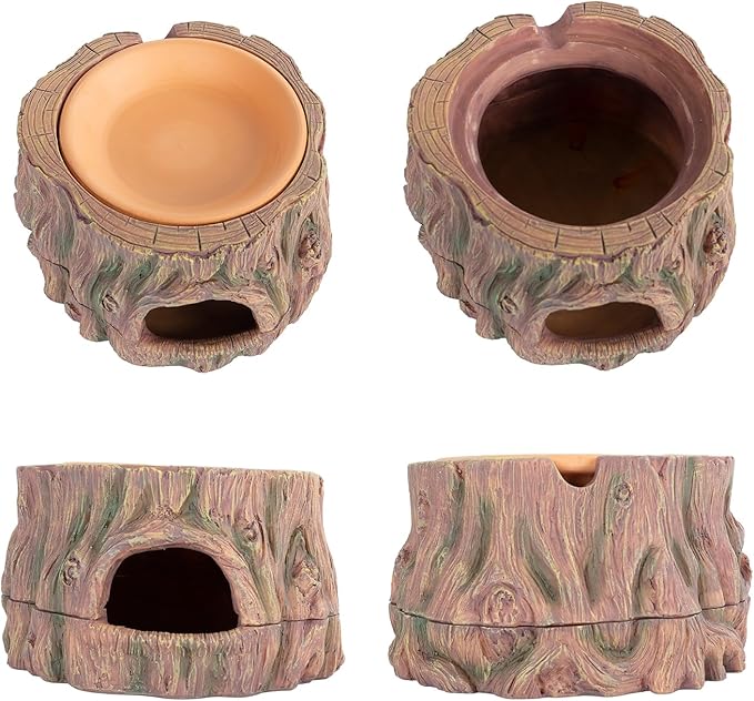 3 in 1 Reptile Hide Cave with Detachable Base & Humidity Dish, Essential Tank Terrarium Decor Humid Hideout Accessories for Small Reptiles Crested Gecko, Leopard Gecko, Lizard, Snake, Crabs