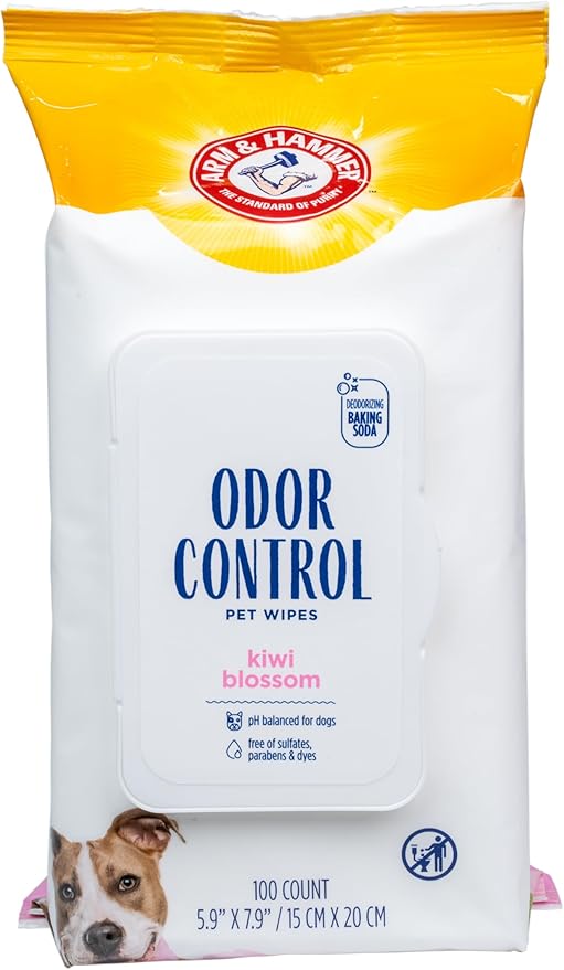 Arm & Hammer for Pets Odor Control Wipes for Dogs, Best Odor Eliminating Waterless Cleaning for Dogs & Puppies | Kiwi Blossom Scent, 100 Count