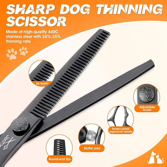 JASON Dog Grooming Scissors Set Professional 6 in 1 Dog Shears Kit - 6.5" Thinning, 7" Straight, 7" Up-Curved, 7" Down-curved Shears and Comb for Dog Cat Pet with Adjustable Screw (Black)