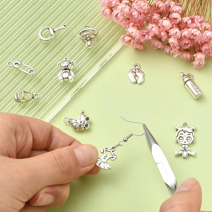 Stiesy 100 Pcs Baby Girl Themed Tibetan Alloy Charms Bell Shoes Baby Feet Feeding Bottle Baby Carriage Charms for Jewelry Making DIY Crafts