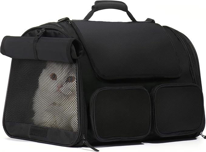 FUKUMARU Cat Carrier, 4 Mesh Windows Small Dog Carrier, 4 Storage Pockets Cat Travel Bag, Under 15 lb Airline Approved Pet Carrier, Rollable Cover for Nervous Cats, Black