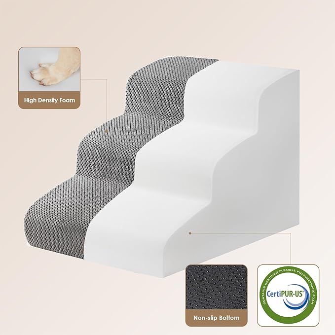 EHEYCIGA Curved Dog Stairs for Small Dogs 15.7" H, 3-Step Dog Steps for Couch Sofa and Chair, Pet Stairs for Cats, Non-Slip Balanced Pet Steps Indoor, Grey
