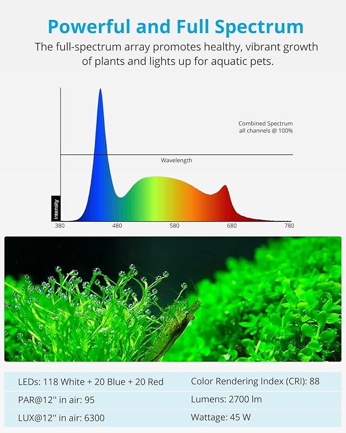 NICREW SkyLED Plus Aquarium Plant Light, Freshwater Fish Tank Light with Ramp Up and Dim Down, Spectrum Adjustable and Lighting Schedule Programmable with Controller, 48-60 Inches, 45 Watts
