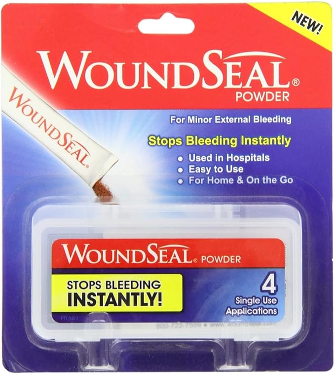 WoundSeal Powder 4 Each (Pack of 2) - Wound Care First Aid for Cuts, Scrapes and Abrasions - Stops Bleeding in Seconds Without Stitches or Bandages - Safe and Effective for People of All Ages and Pets