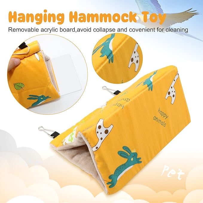 Rypet Winter Warm Bird Nest House - Hanging Hammock Velvet Shed Hut Cage Plush Fluffy Birds Hideaway Sleeping Bed Fuzzy for African Grey Cockatoo and Other Amazon Parrot Large（Yellow）