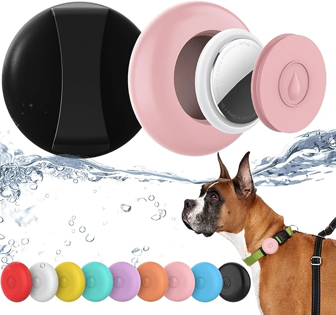 2 Pack IPX8 Waterproof AirTag Dog Collar Holder, Hidden Air Tag Case for Cat Collar, Anti-Lost Silicone Cover for AirTag GPS Tracker Compatible with Pets Loop, Fits All Width Collars(Black,Pink L)