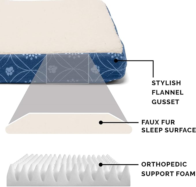 Furhaven Orthopedic Dog Bed for Small Dogs w/ Removable Washable Cover, For Dogs Up to 20 lbs - Sherpa & Flannel Paw Print Deluxe Mattress - Twilight Blue, Small