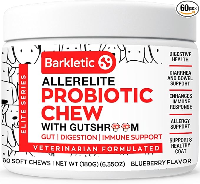 AllerElite Probiotic Chews for Dogs - Support Digestive Health, Diarrhea, Allergies, Yeast, Itchy Skin & Ears with Gutshroom | 60