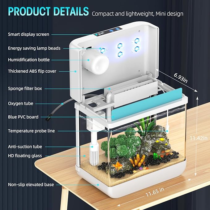 Fish Tank Aquarium 2.2 Gallon with Humidifier 7 Color Auto-Looping Light Self Cleaning 3 in 1 Pump with Filteration & Oxygenation & Circulation, Temperature Display, HD Float Glass, Thickened Base