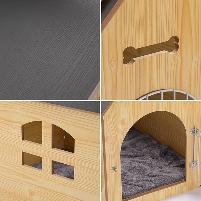 Wooden Pet House with Roof for Dogs Indoor and Outdoor Use, Easy Assemble Breathable Dog Crate for Small Medium Dog Cat, Dog Kennel for Playing and Resting