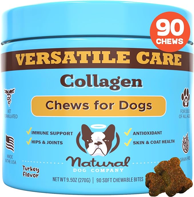 Natural Dog Company Collagen Chews for Dogs - Enhanced with Eggshell Membrane - Unique 4-Type Collagen Blend for Mobility, Hip, Joint, Skin & Coat Support - with Vitamin C and Hyaluronic Acid -90 Ct