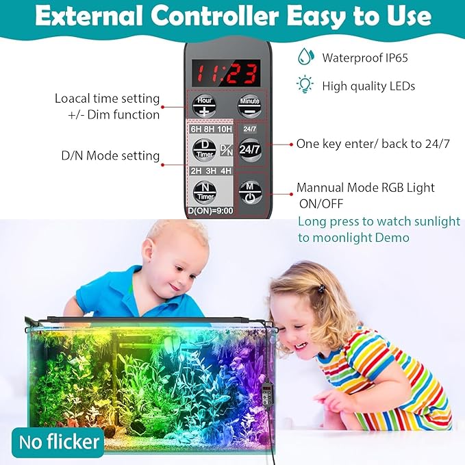 LED Aquarium Light, 24/7 Full Spectrum Dimmable Submersible Light 24-30 inch 24W for 20/25/30 Gallon Fish Tank, Day+Night Mode DIY Timer Auto On Off, HD Brightness 8 Colors RGB Mode