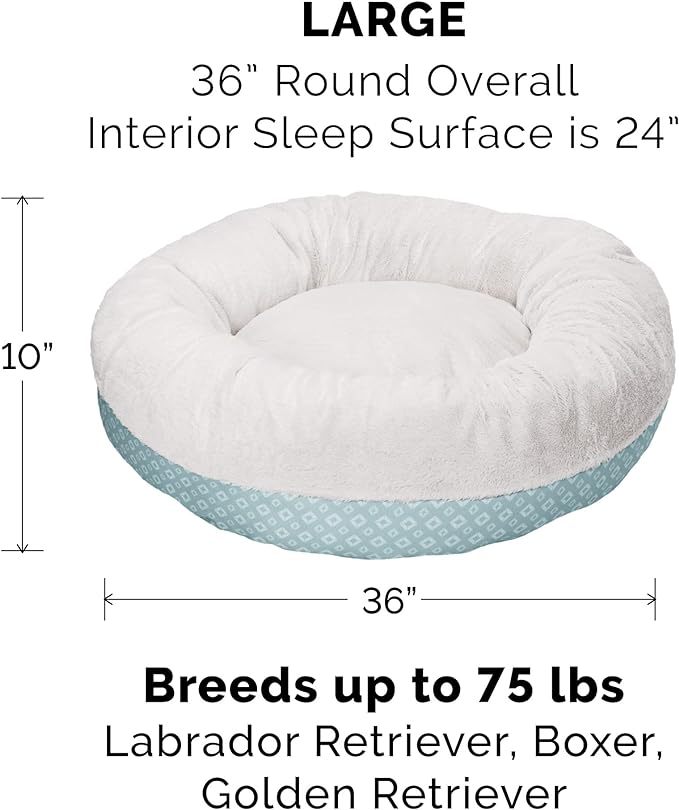 Furhaven 36" Round Donut Dog Bed for Large/Medium Dogs, Refillable w/ Removable Washable Cover, For Dogs Up to 75 lbs - Plush & Diamond Print Donut Bed - Aqua, Large