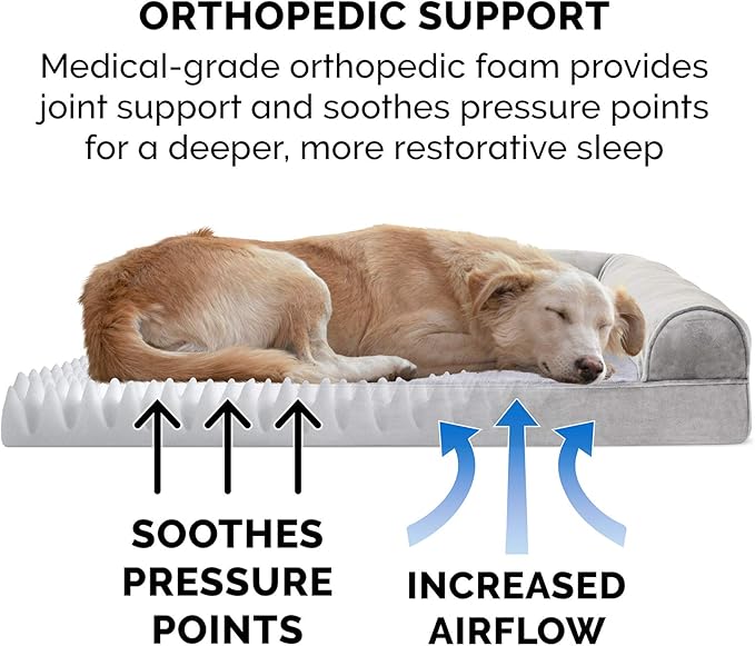 Furhaven Orthopedic Dog Bed for Large Dogs w/ Removable Bolsters & Washable Cover, For Dogs Up to 95 lbs - Faux Fur & Velvet Sofa - Smoke Gray, Jumbo/XL