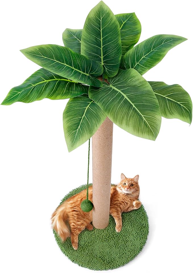 Odoland Cat Scratching Post - Indoor 33 inch Palm Tree Sisal Scratch Posts with Dangling Balls for Kitten and Large Cat - Vertical Scratcher Cute Cat Scratching Post Fun Cat Toy Green