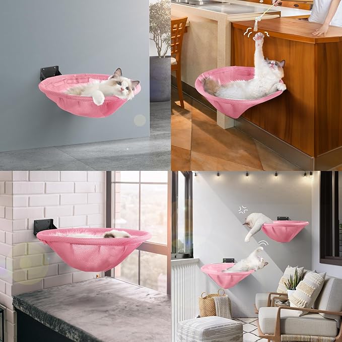 Cat Hammock Wall Mounted, Foldable & Stable Cat Beds- Breathable Cat Wall Shelves for Sleeping, Playing, Climbing, and Lounging - Maximum Hold Up to 30lb (Pink)