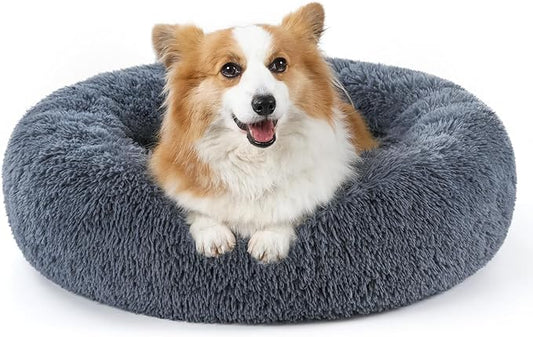 rabbitgoo Calming Dog Bed for Small Medium Dog, 30 inches Pet Bed Machine Washable, Non-Slip Round Fluffy Plush Faux Fur Large Cat Bed, Soft Donut Cuddler Cushion for Small Dog, Dark Grey