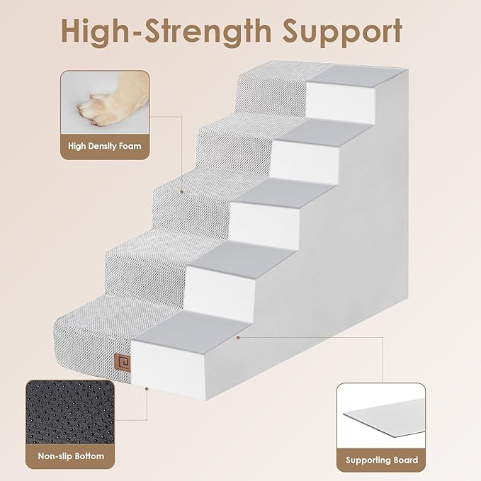 EHEYCIGA Dog Stairs for High Beds 22.5" H, 5-Step Dog Steps for Small Dogs and Cats, Slope Pet Steps with Non-Slip Bottom, Light Grey