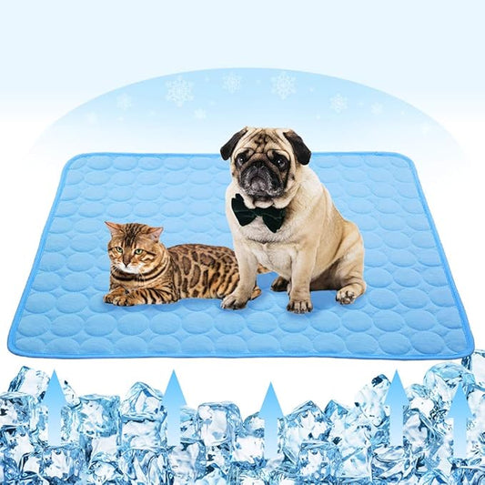 VeMee Summer Cooling Mat for Dogs Cats Ice Silk Self Dog Cooling Mat Breathable Pet Crate Pad Portable & Washable Pet Cooling Blanket for Outdoor or Home (28 X 22in, Blue)