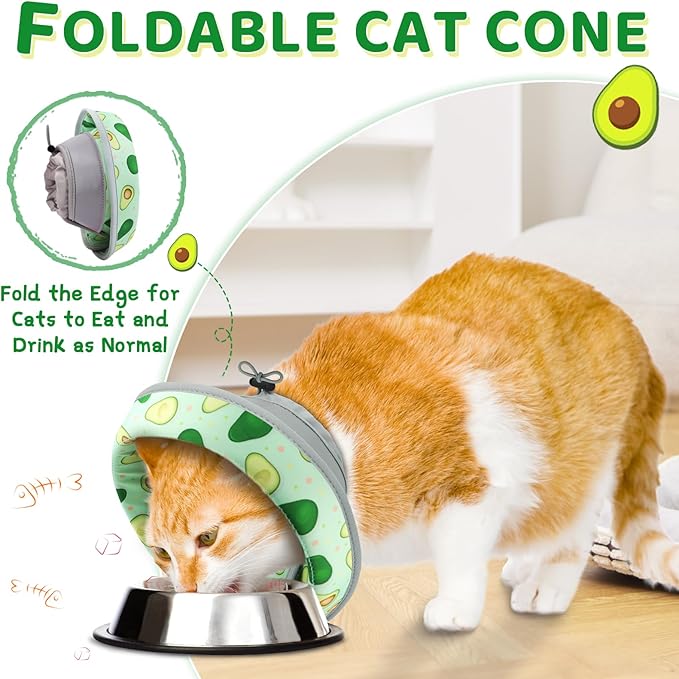 Cat Cone, Adjustable Cat Cone Collar Soft to Stop Licking, Foldable Cute Cat Cone Alternative, Water Resistant Neck Cone for Cats, Lightweight Cat Recovery E Collar for Cat Kitten（Green, M-01