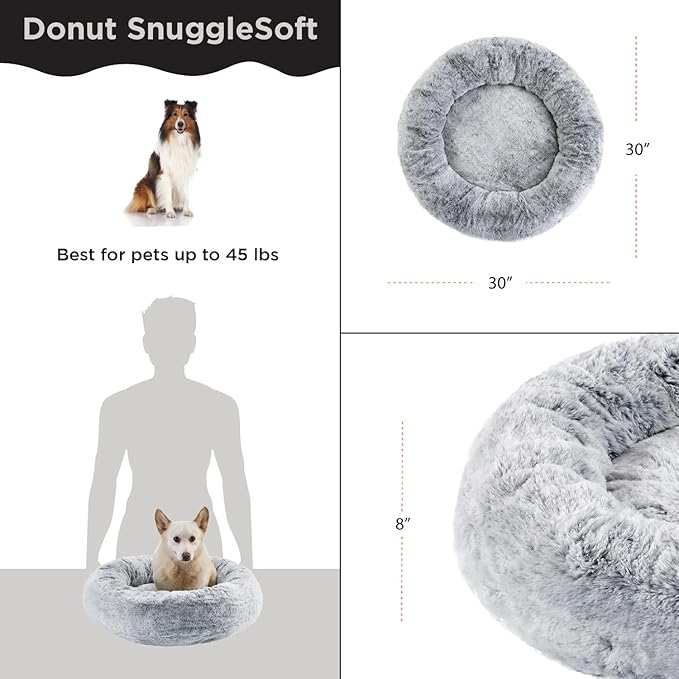 Best Friends by Sheri SnuggleSoft Faux Rabbit Fur Memory Foam Calming Donut Bed for Dogs and Cats, Grey, 30" x 30"