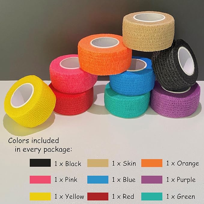 Self Adhesive Bandage Wrap, 9 Pack 1" x 5 Yards, Athletic Tape, Elastic Bandage, Self Stick Wrap for Ankle, Wrist, Finger, Sports (Multi Colors)
