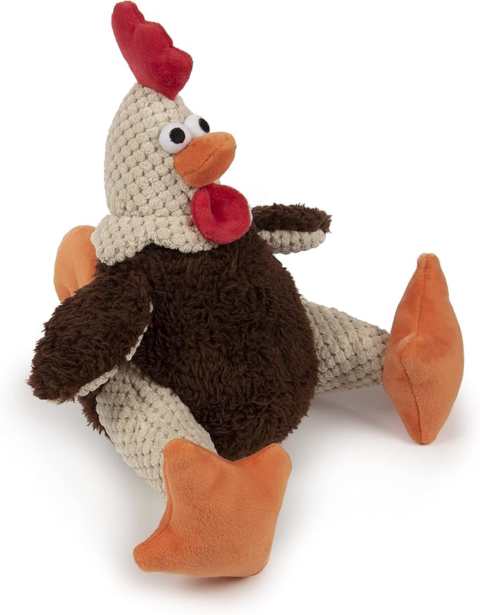 goDog Checkers Fat Rooster Squeaky Plush Dog Toy, Chew Guard Technology - Brown, Large