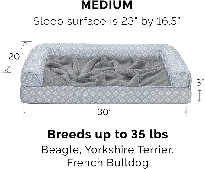 Furhaven Cozy Orthopedic Dog Bed for Medium/Small Dogs w/ Removable Bolsters & Washable Cover, For Dogs Up to 35 lbs - Plush & Diamond Print Nest Top Sofa - Gray, Medium