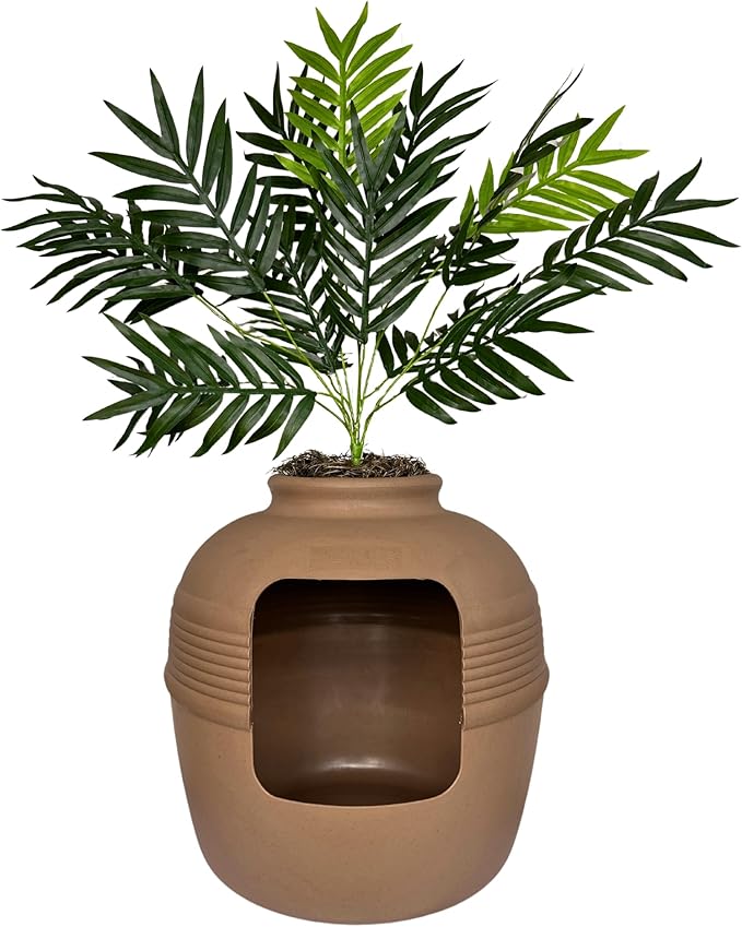 Good Pet Stuff, The Original Hidden Litter Box Base Kit, Round Enclosed Cat Litter Box Planter With Artificial Plants, Vented Carbon Odor Filter System, Florist Moss, Easy to Clean, Mocha Brown