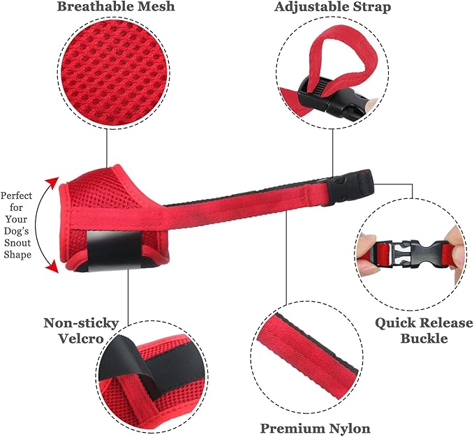 Dog Muzzle Anti Biting Barking and Chewing with Comfortable Mesh Soft Fabric and Adjustable Strap, Suitable for Small, Medium and Large Dogs(All Red,XS)