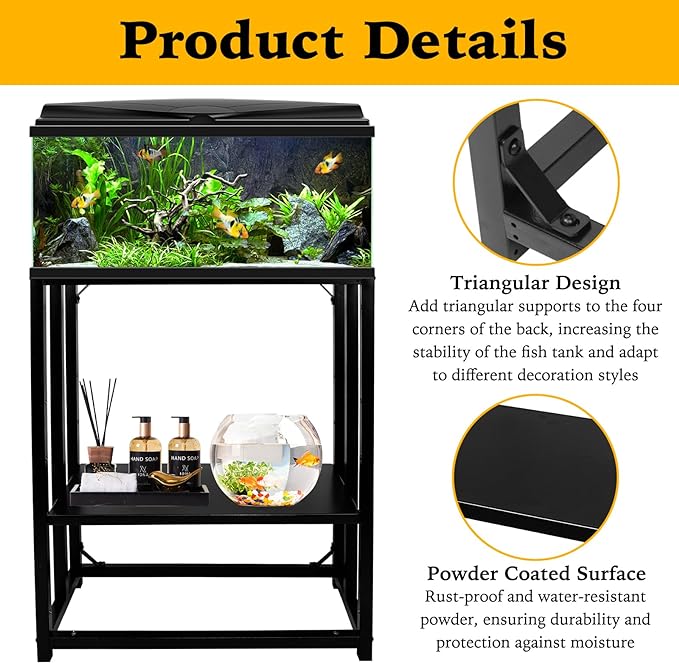 Fish Tank Stand Metal Aquarium Stand 20 Gallon 24.8" x 13" x 30.1" Aquarium Turtle Tank Stand,Double-Layer Detachable Design