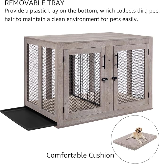 unipaws Extra Large Dog Crate Furniture with Divider for 2 Dogs, Wooden Dog Kennel for XLarge Breed, Indoor Decorative XL Wood Dog Cage, Inside Side End Table Crate with Tray, for Dogs Up to 90 lbs