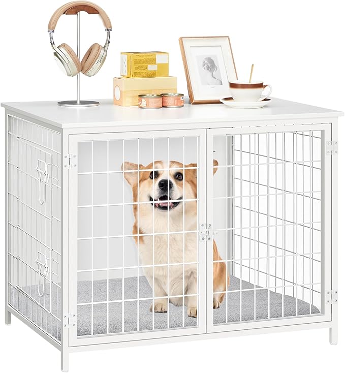 Dog Crate Furniture with Cushion, Wooden Dog Kennel with Double Doors, Heavy Duty Dog Cage for Small/Medium/Large Dogs, Indoor Dog House End Table, 31.5" L, White DCBW0701