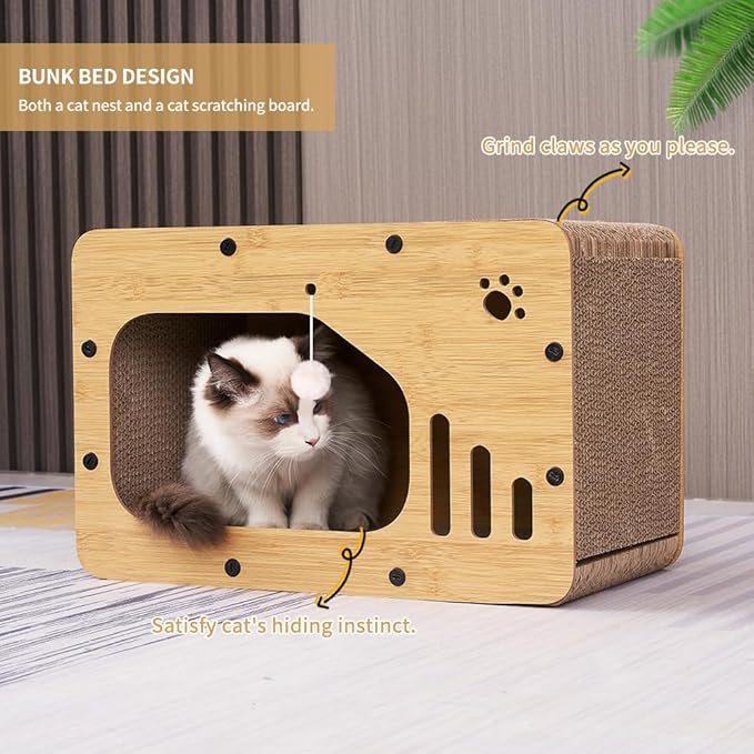 Cat Scratcher House, Cat Scratcher Board Cat Cave with Hanging Ball Toy，Large Space Cardboard Cat Bed Condo，Suitable for Cats to Rest&Scratching Cat Scratch Pad