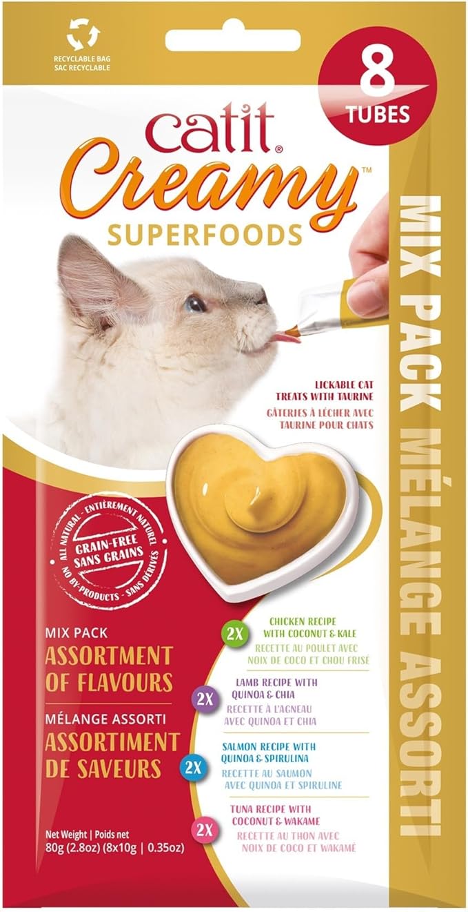 Catit Creamy Superfood Lickable Cat Treat – Hydrating and Healthy Treat for Cats of All Ages - Assortment, 8-Pack