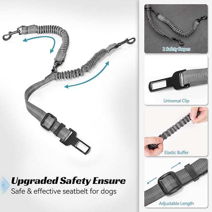 PETSFIT Dog Booster Car Seat, Dog Car Seat for Medium Dogs with 2 Clip-On Safety Leashes, Patented Buckles, Pet Car Seat with Big Pockets for Pets Under 45Lbs (Medium, Grey)