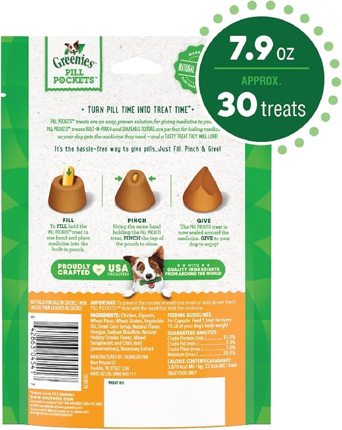 Greenies Pill Pockets for Dogs Capsule Size Natural Soft Dog Treats, Chicken Flavor, (6) 7.9 oz. Packs (180 Treats)