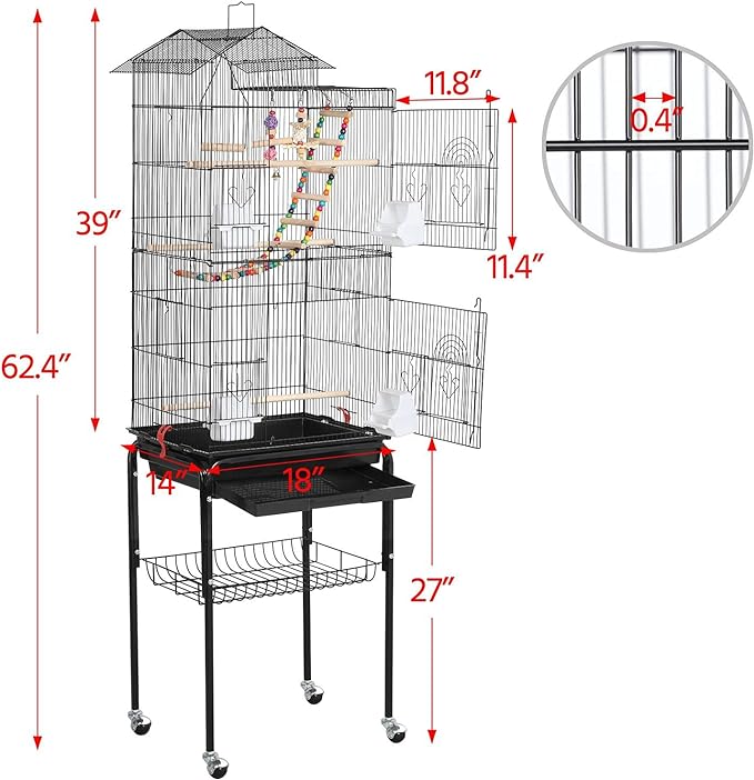 Yaheetech Bird Cage 64-inch Play Open Top Medium Small Parrot Parakeet Bird Cages with Detachable Rolling Stand for Parrot Lovebirds Finches Parakeets Budgie Parrotlet Conures, Pet Flight Birdcage