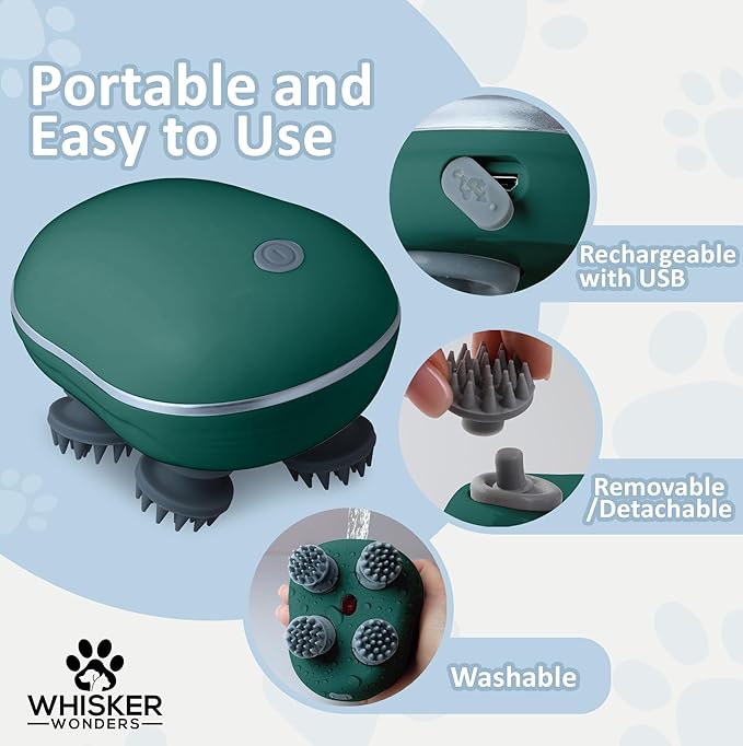 Scalp Massager Pet-Friendly Silicone Massage Brush - Soothing Head, Scalp and Body Scrubber for Pets - Cat Face Electric Sratchers - Gentle Grooming Tool for Ultimate Relaxation (Green)