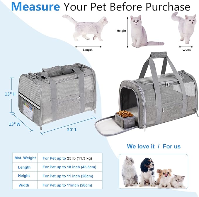 Large Cat Carrier Dog Carrier, Pet Carrier for 2 Cats Large Cats, Dog Carrier for Medium Small Dogs, Collapsible Soft Sided Pet Carrier for Cats Dogs Puppy of 25 Lbs, Grey