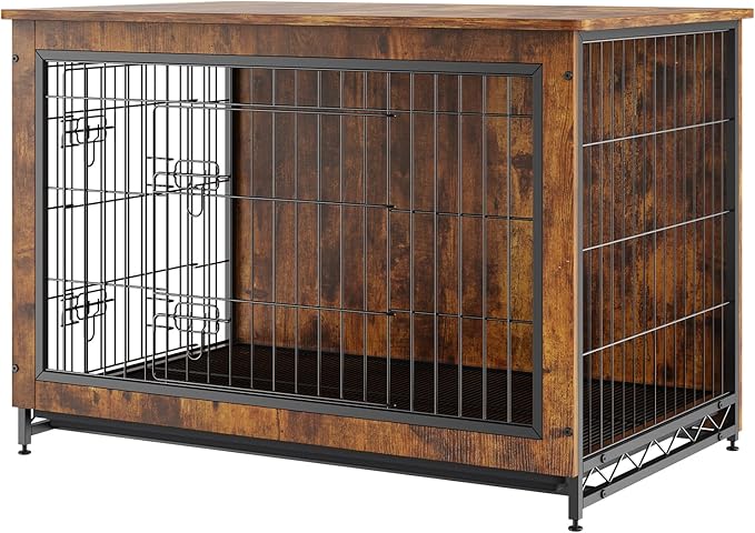 VEVOR Dog Crate Furniture, 38 inch Wooden Dog Crate with Double Doors, Heavy-Duty Dog Cage End Table with Multi-Purpose Removable Tray, Modern Dog Kennel Indoor for Dogs up to 70lb, Rustic Brown