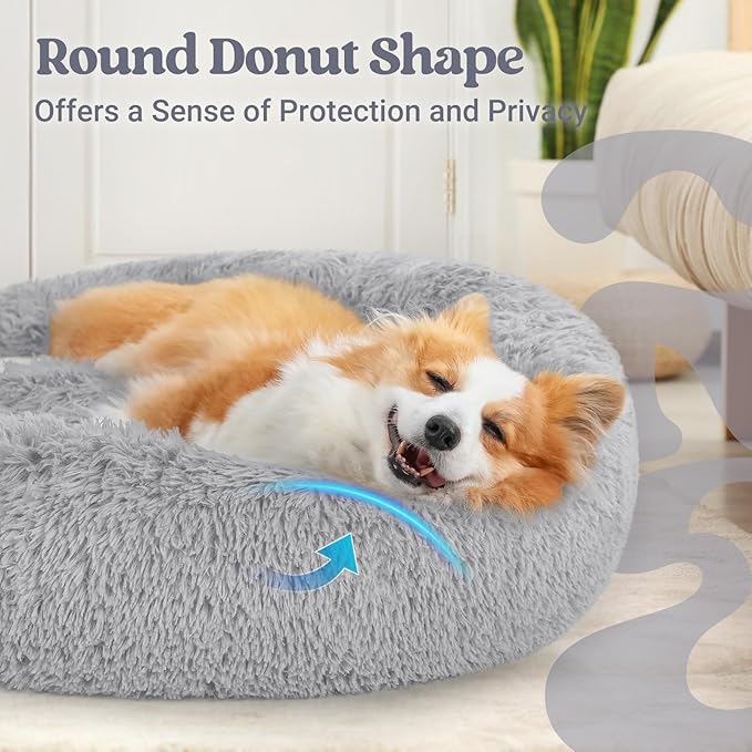 rabbitgoo Calming Dog Bed for Small Medium Dog, 30 inches Pet Bed Machine Washable, Non-Slip Round Fluffy Plush Faux Fur Large Cat Bed, Soft Donut Cuddler Cushion for Small Dog, Light Grey