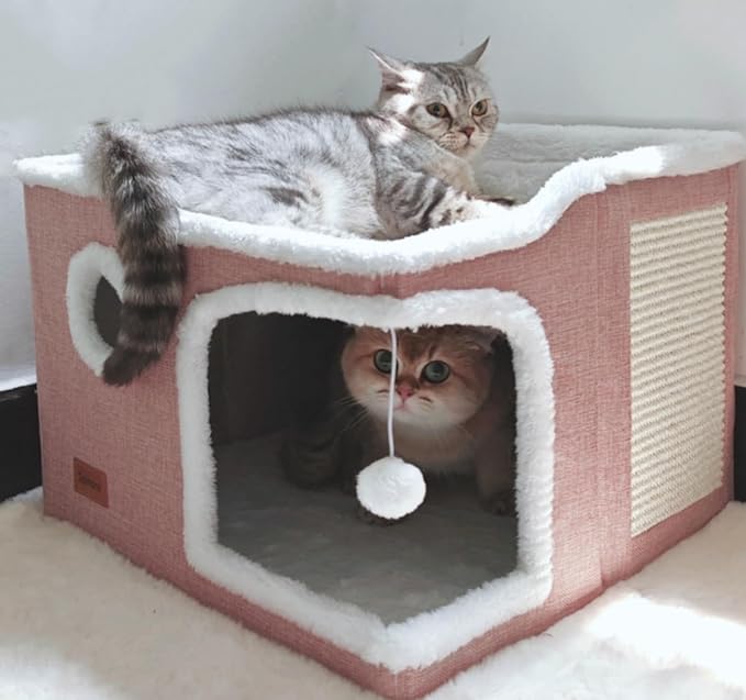 Large Cat Cave Bed for Indoor Cats, Cats Cube House with Scratch Pad Cat Condo Hideaway Tente Hut with Washable Sherpa Warm Soft Cat Mat, Cute Cat Beds Furniture, Modern Dog Bed,Pink