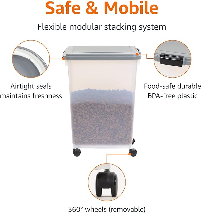 Amazon Basics Airtight Dog Food Storage Container with Scoop, 69 QT, Gray