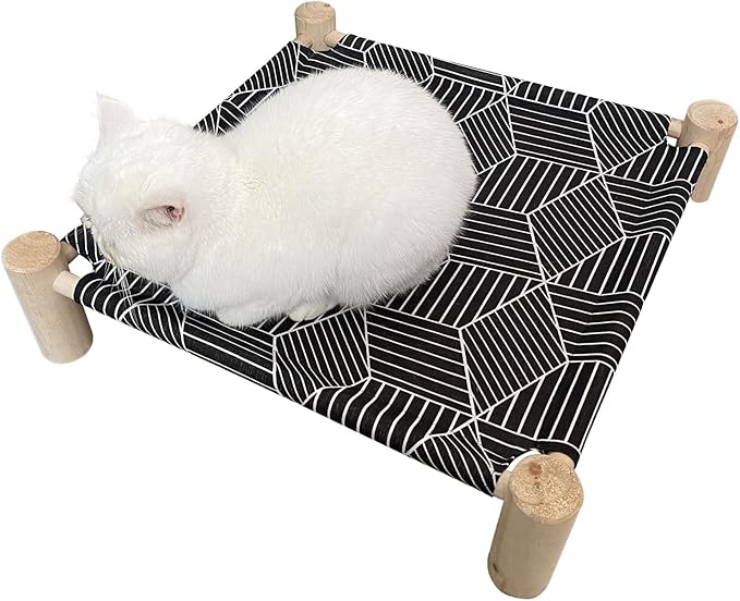 Pozico Cat/Dog Bed Hammock Cat Bed, Wooden Dog Elevated Indoor Outdoor Beds, Raised Cat Cots Furniture Pet Bed Puppy Bed Portable Breathable Mesh Cat Beds for Small Animals-Black Diamond