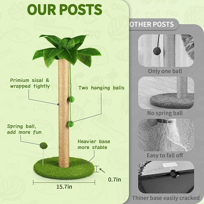 Cat Scratching Post, 31" Tall Scratch Tree with Premium Sisal Rope, Two Interactive Dangling Balls and Spring Ball Toys for Indoor Kittens and Cats