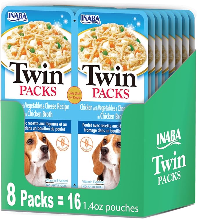 INABA Twin Packs for Dogs, Shredded Chicken & Broth Gelée Side Dish/Topper Pouch, 1.4 Ounces per Serving, 16 Servings, Chicken with Vegetables & Cheese Recipe